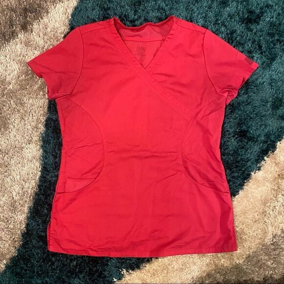 AUW | Hot Pink ACTIVE Women's Sporty Mesh Mock Wrap Scrub Top | Small - Picture 2 of 7